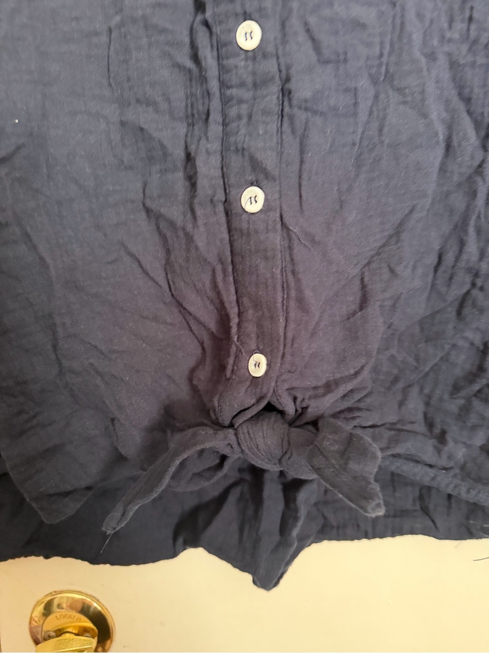 Button-Front Navy Crop Top with Tie Hem - Picture 2 of 5